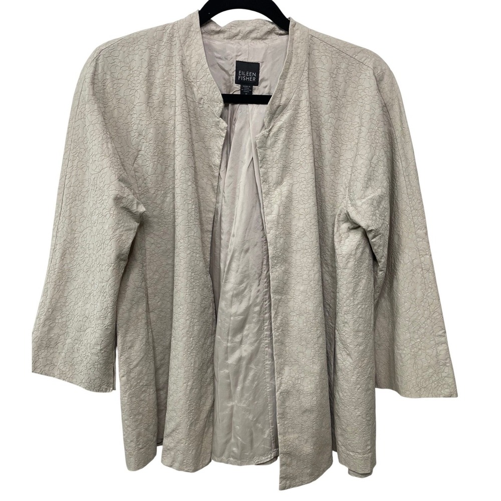 Eileen Fisher Beige Jacquard Open Front 3/4 Sleeve Jacket M Textured Classy